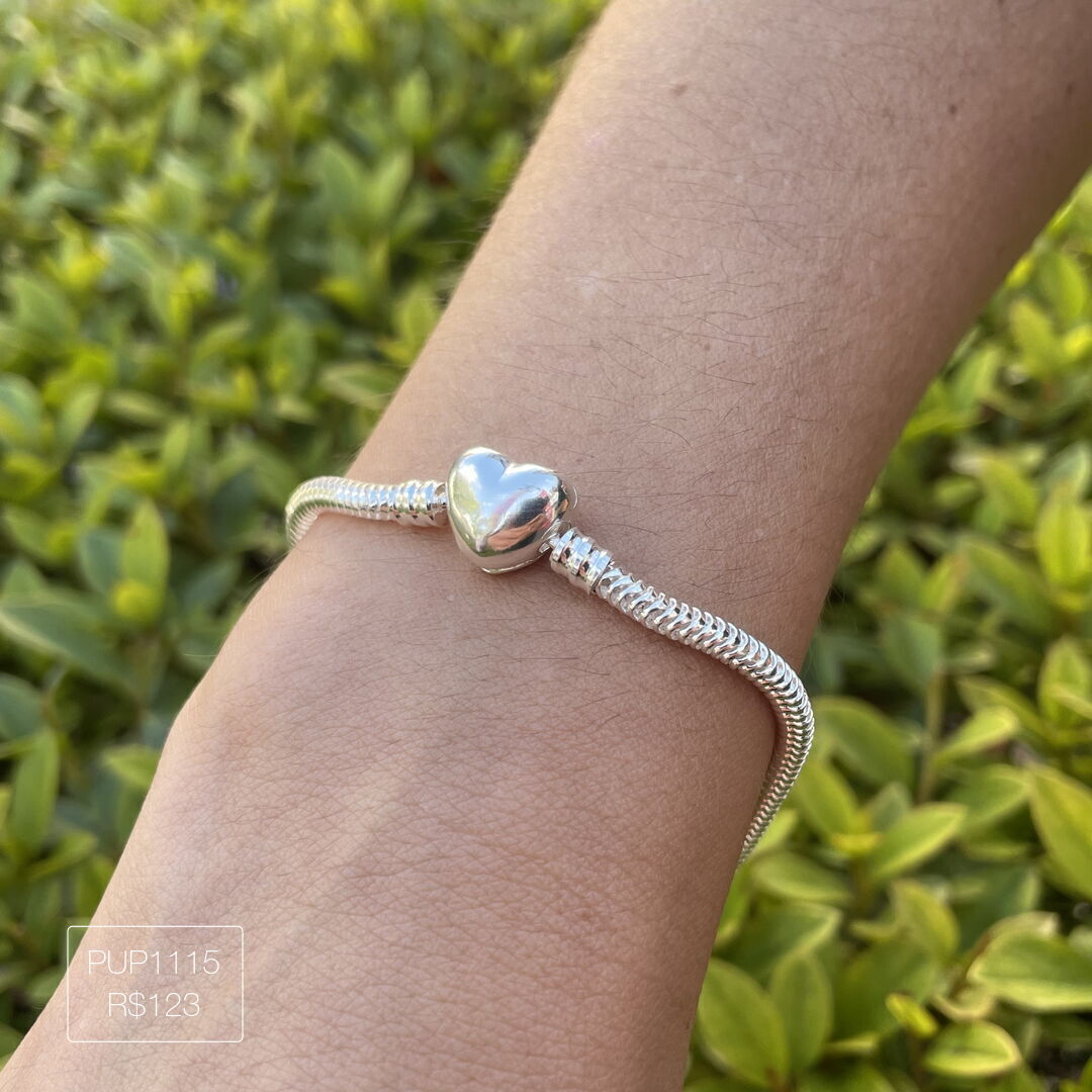 Pulseira Réplica P@ndora Coração 20cm Liso Prateado